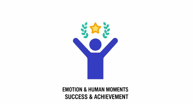 A stylized blue figure with raised arms, crowned by a golden star and green laurel leaves, signifies triumph and accomplishment