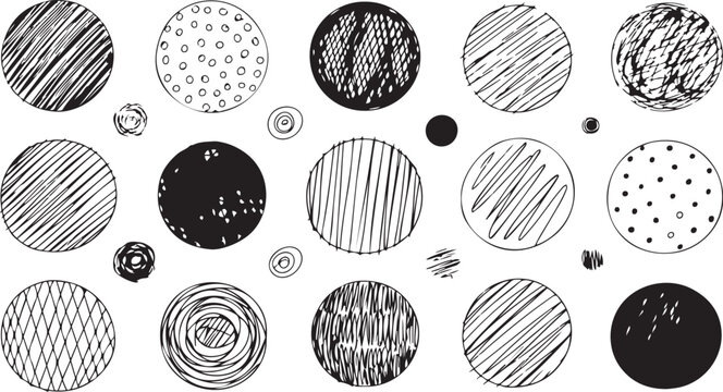 Black and white hand drawn circles and dots on white background