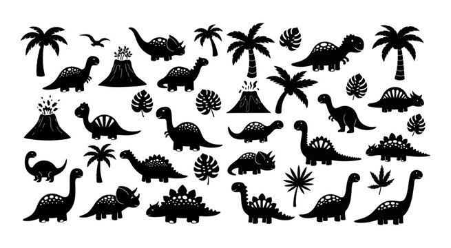Dinosaur Silhouettes And Tropical Foliage Black On White Background dinosaurs