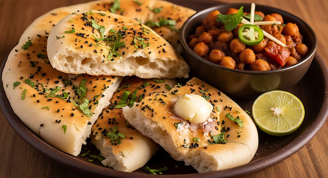 Naan bread accompanied by a bowl of spicy chickpea curry provides a flavorful vegetarian meal option.