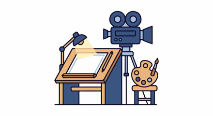 Fototapeta premium Art studio setup with drafting table, light, camera on tripod, and palette on stool