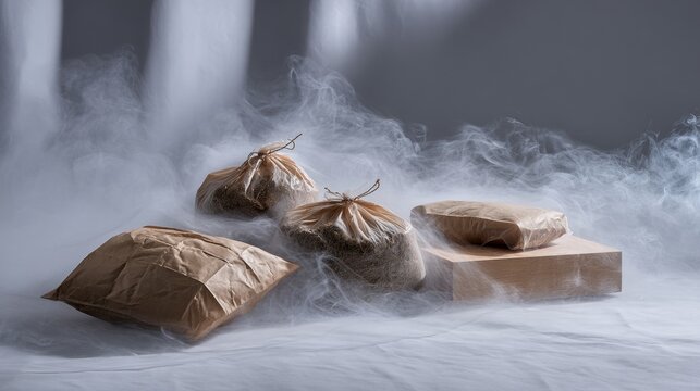 Mysterious paper packages surrounded by fog