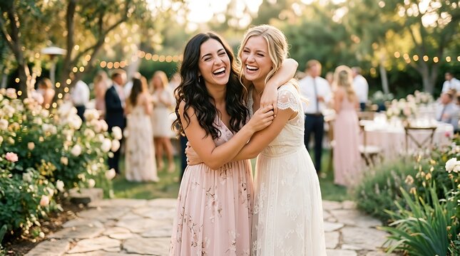 Two happy women hugging and laughing at an outdoor wedding celebration surrounded by lush greenery and blooming flowers