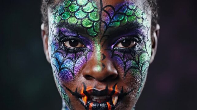 Portrait of person with colorful fish scale face paint and dramatic makeup