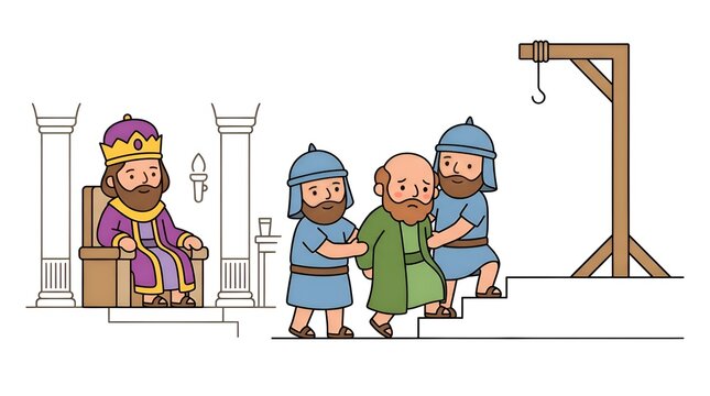 Cartoon illustration of a king sitting on a throne watching two guards escorting a prisoner toward a wooden gallows structure