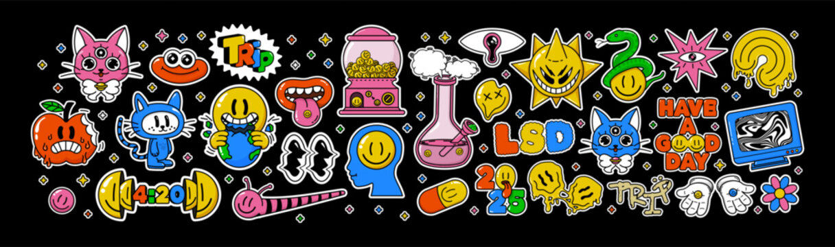 Acid cartoon sticker pack. Psychedelic smile characters, colorful doodle cats, trippy symbols, funny faces, melting icons and retro stoner aesthetic. Vector set