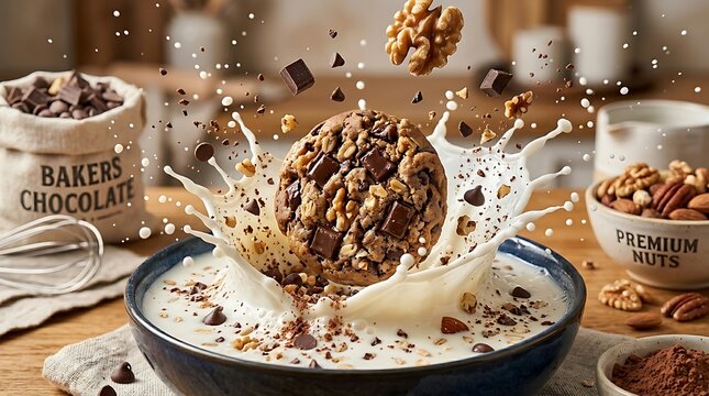 Kue cokelat kacang tebal menyelam ke dalam susu segar melambangkan kekayaan rasa bahan premium dan kenikmatan camilan mewah