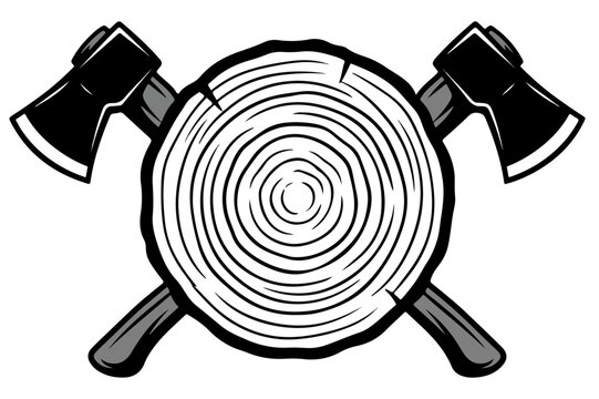 Log with crossed axes, silhouette tree trunk wood