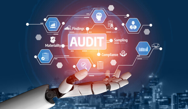 A robotic hand extends towards a digital display of audit-related icons, representing the future of compliance, findings, and analysis in a modern business landscape. Tessel