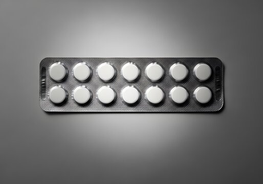 Small round white medicinal tablets in a blister pack on grey surface