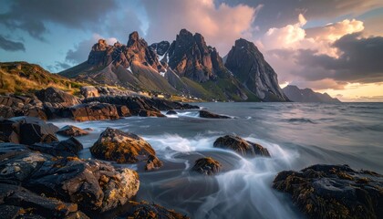 Obraz premium Dramatic Coastal Landscape with Jagged Mountains and Crashing Waves at Sunset.