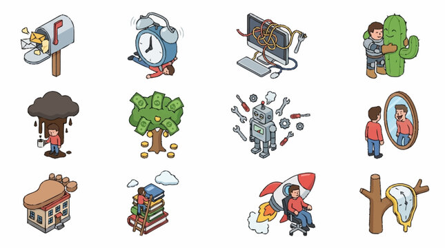 A collection of isometric conceptual illustrations representing various human emotions and everyday life situations.