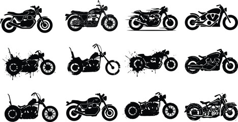 Vintage motorcycle silhouette vector icon set for classic biker garage and chopper club custom designs © Saminur