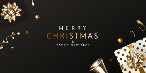 Gold ribbons and ornaments with festive christmas typography on black © MihirKumarMondal