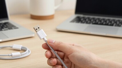 Fototapeta premium A hand holds a white USB cable against a blurred office backdrop featuring laptops and a mug.