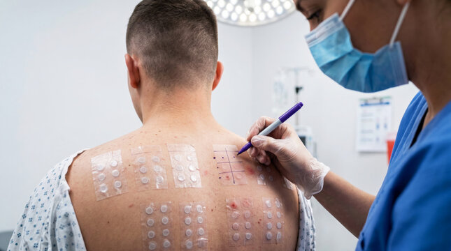 Healthcare professional evaluating allergy patch test results on a young man's back to identify allergens, skin sensitivities, and immune reactions