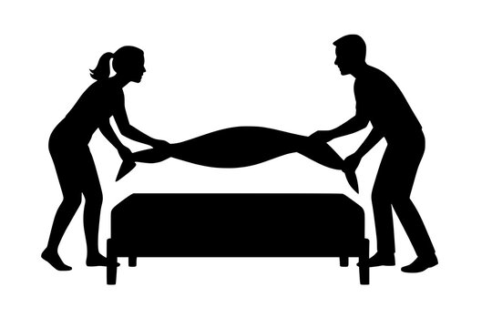 men and women making bed