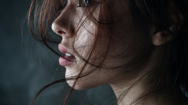 Moody close up portrait of woman with windswept hair