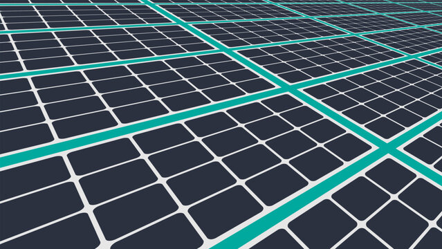 Endless field of electric solar panels with modern photovoltaic cells installed in rows in a field to generate electricity from the sun rays. 3D vector background