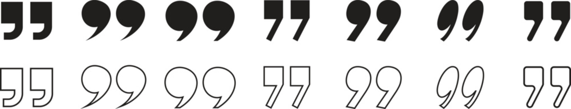 Double quote marks icon set. Solid and stroke Style quotation Icons. Quotation mark sign.