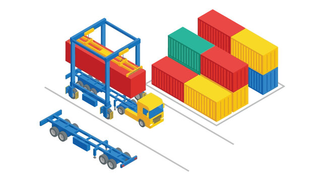 Isometric vector illustration of cargo containers straddle carrier and trailer
