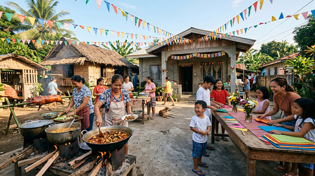 Traditional Filipino neighborhood celebration featuring communal cooking, roasted pig, family activities, and colorful festival decorations.