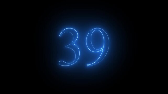 Glowing  Blue color Neon Text 39 Number, Abstract  Sign with Bright Illuminated Numbers on a Black Background  4k video