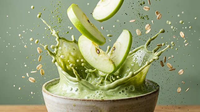 Potongan apel hijau segar jatuh tercebur ke dalam mangkuk matcha latte melambangkan perpaduan nutrisi sehat dan energi pagi yang dinamis