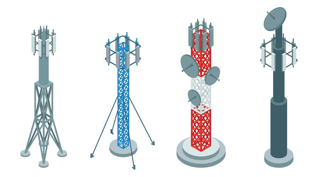 Cell Towers In Isometric Style Communication Infrastructure Illustration