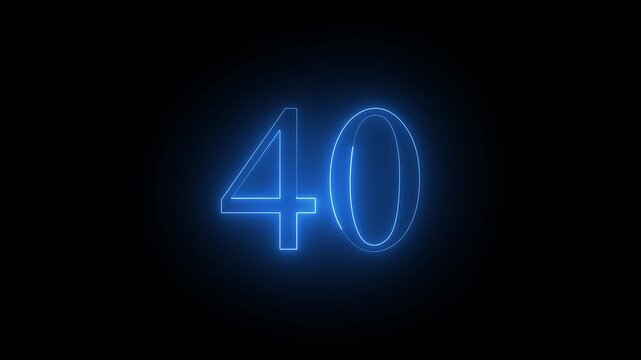Glowing Neon Text 40 Number, Abstract Blue Color Sign with Bright Illuminated Numbers on a Black Background 