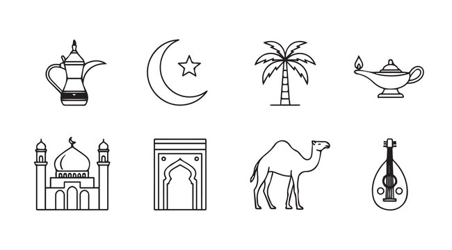 Islamic cultural icons arranged in a grid with mosque camel palm tree and crescent moon
