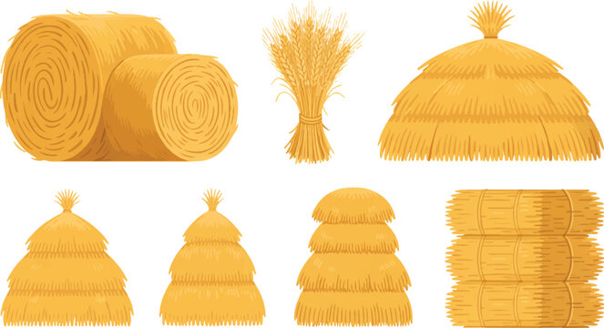 Illustration of various hay bales and thatched roof elements  haystacks and straw bundles