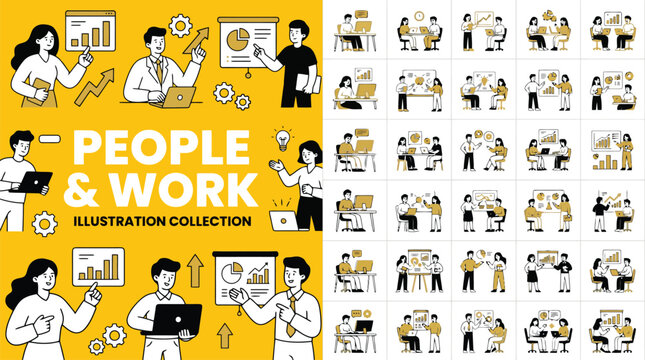 Modern business people and work illustration collection, 25 office character vector icons set, professional corporate team working on laptops and charts