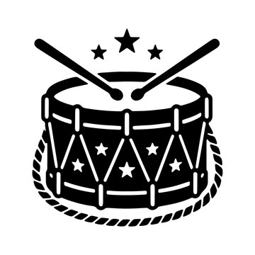 Black and white vector illustration of a musical drum with drumsticks and stars, percussion