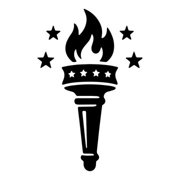 Black and white vector icon of a flaming torch with decorative stars illustration silhouette