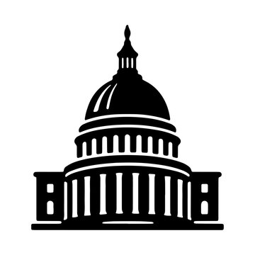 Black and white vector icon of the united states capitol building dome with government, building