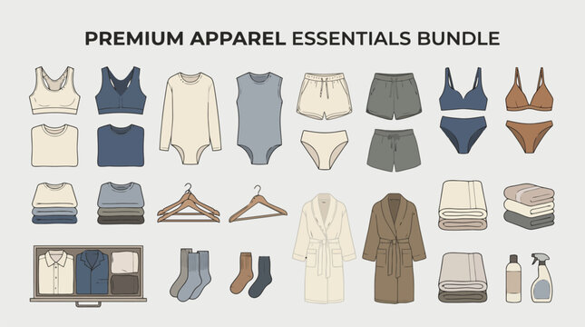 Premium apparel essentials bundle, minimalist clothing vector icons set, loungewear and basic fashion garment collection in neutral earth tones