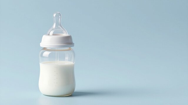 A clear baby bottle filled with milk sits on a soft focus light blue surface.