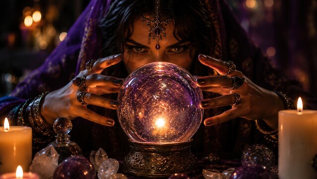 Mystical fortune telling session enchanted room crystal ball divination candlelit atmosphere close-up viewpoint spiritual insight and intuition