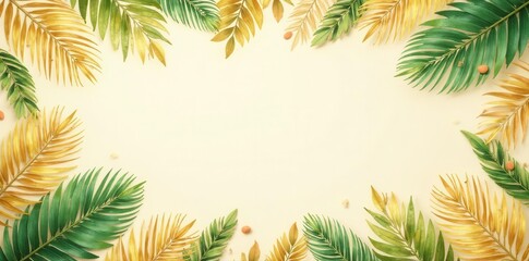 Naklejka premium Golden palm leaves border, beige background Tropical summer design , summer background, pastel beige