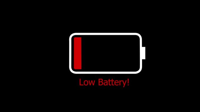 Animation featuring a low battery text icon against, ideal for digital and tech-themed projects. on a black background 4k animation video