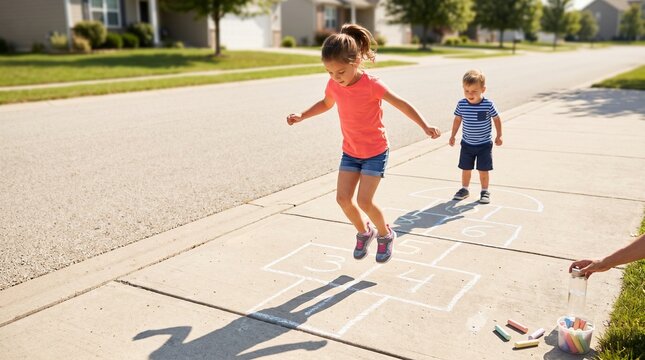 Children Playing Hopscotch on Sunny Sidewalk During Active Neighborhood Day