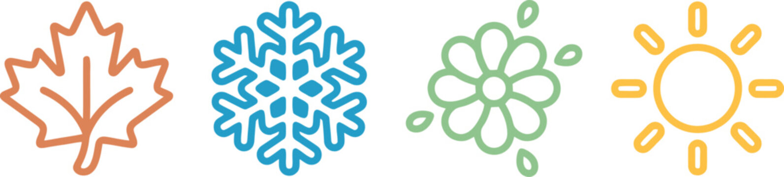Four seasons icons representing autumn leaf winter snowflake spring flower and summer sun in a simple minimalist vector line style