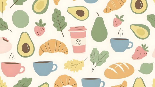Colorful illustration of coffee cups and assorted breakfast foods on a table