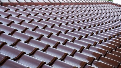 Fototapeta premium A modern roofing technique, featuring a repeating diagonal pattern of glazed, weather-resistant clay slate that protects the exterior upper surfaces of a domestic property.