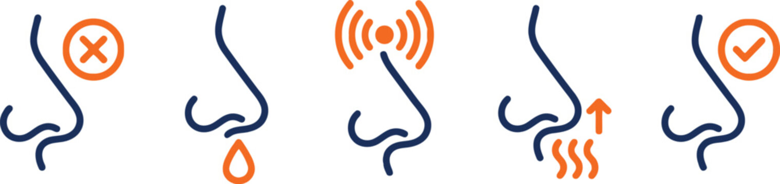 Nose symptom icons showing runny nose nasal congestion and breathing difficulties with correct and incorrect check mark symbols set