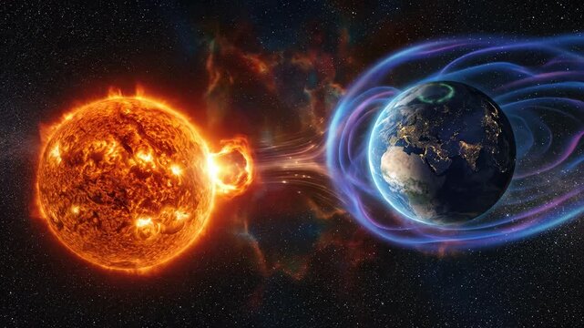Sun's powerful plasma ejection impacts Earth's magnetic field, causing a dramatic geomagnetic storm, generating vibrant aurora, creating atmospheric interference.