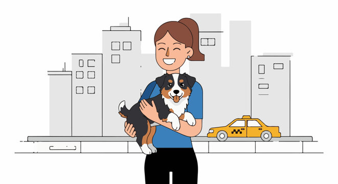 Woman holds dog with city buildings and yellow taxi in background