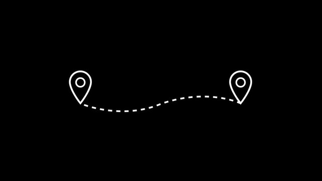 Two White location pin icon animations connected by dotted path on Black background and Black screen.