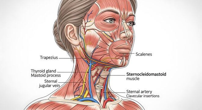 Anatomical diagram of human neck and head muscles.